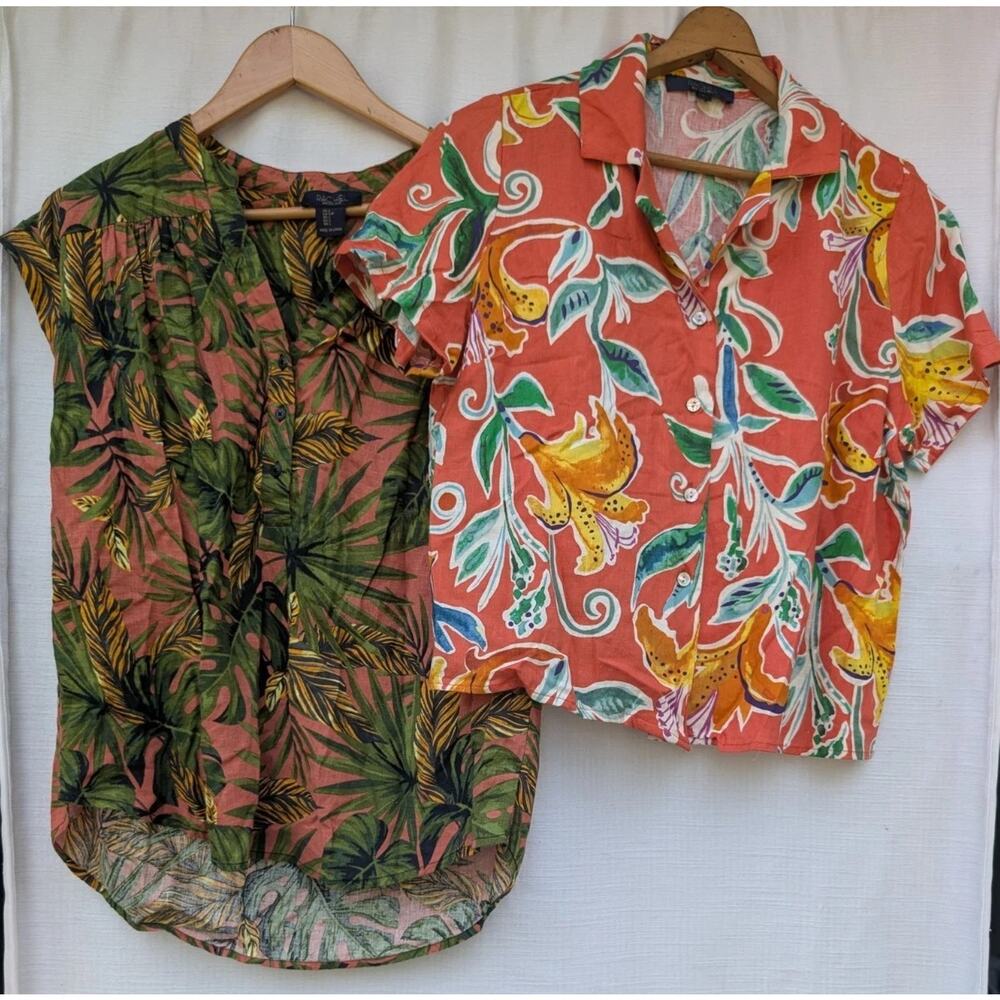 Rachel Roy Women's Linen Blend‎ Short Sleeve Tops Bundle Sz S Tropical Coastal